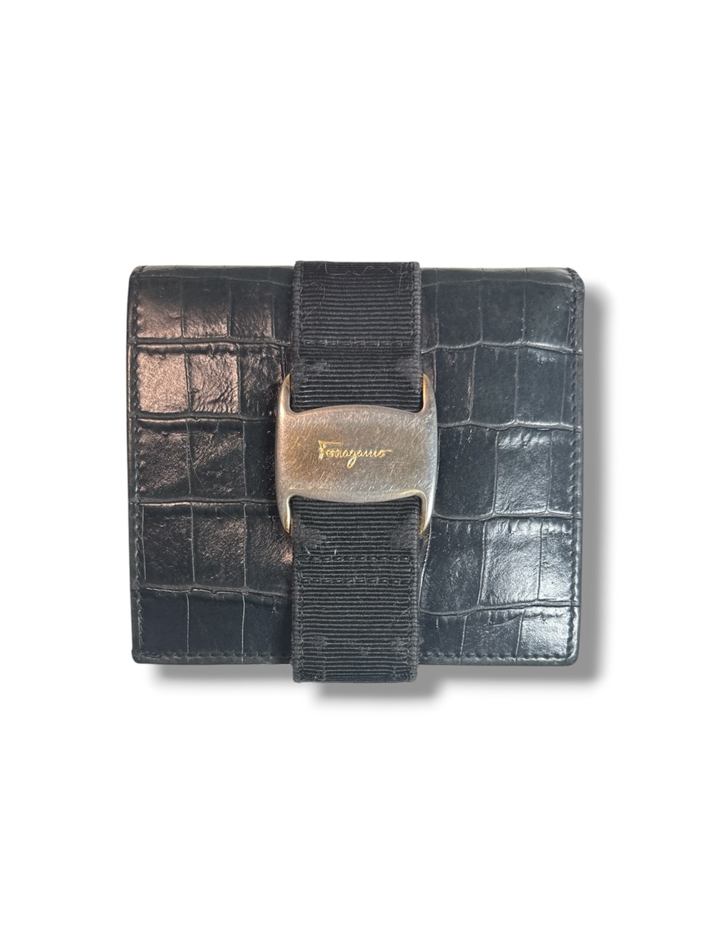 Vintage Salvatore Ferragamo Vara Bow Croc Embossed Black Bifold Wallet